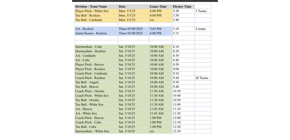 Team Picture Schedule 