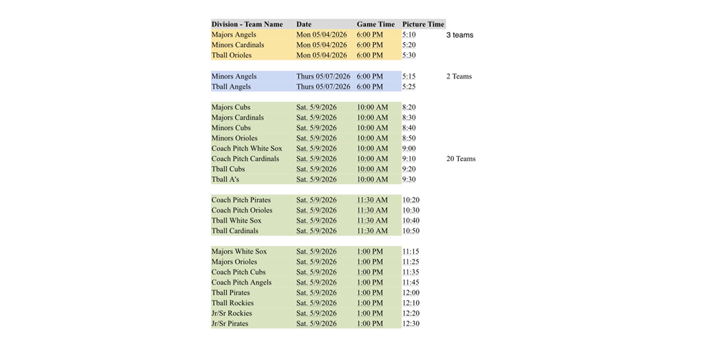2026 Team Picture Schedule